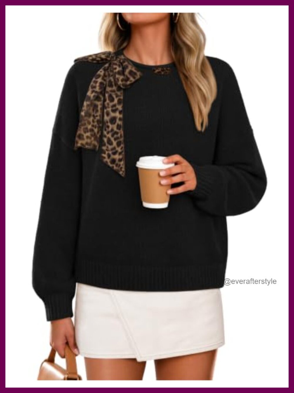 Women's Long Sleeve Leopard Bow Tie Pullover Sweater Lightweight Knit Fall Top
